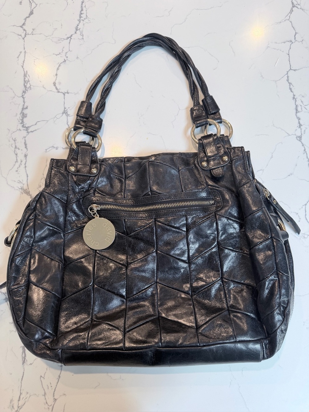 Vintage Charles David Quilted Patchwork Leather Satchel in Black - Picture 2 of 11